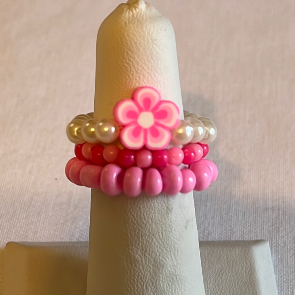 Handmade Pink Flower Beaded Ring Set, Stretchy